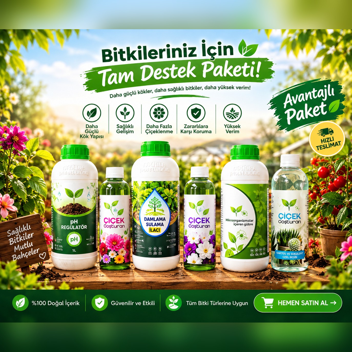 Gübre, Damlama Sulama Açıcı, Toprak PH Düzenleyici ve Çiçek Coşturan Avantajlı Paket